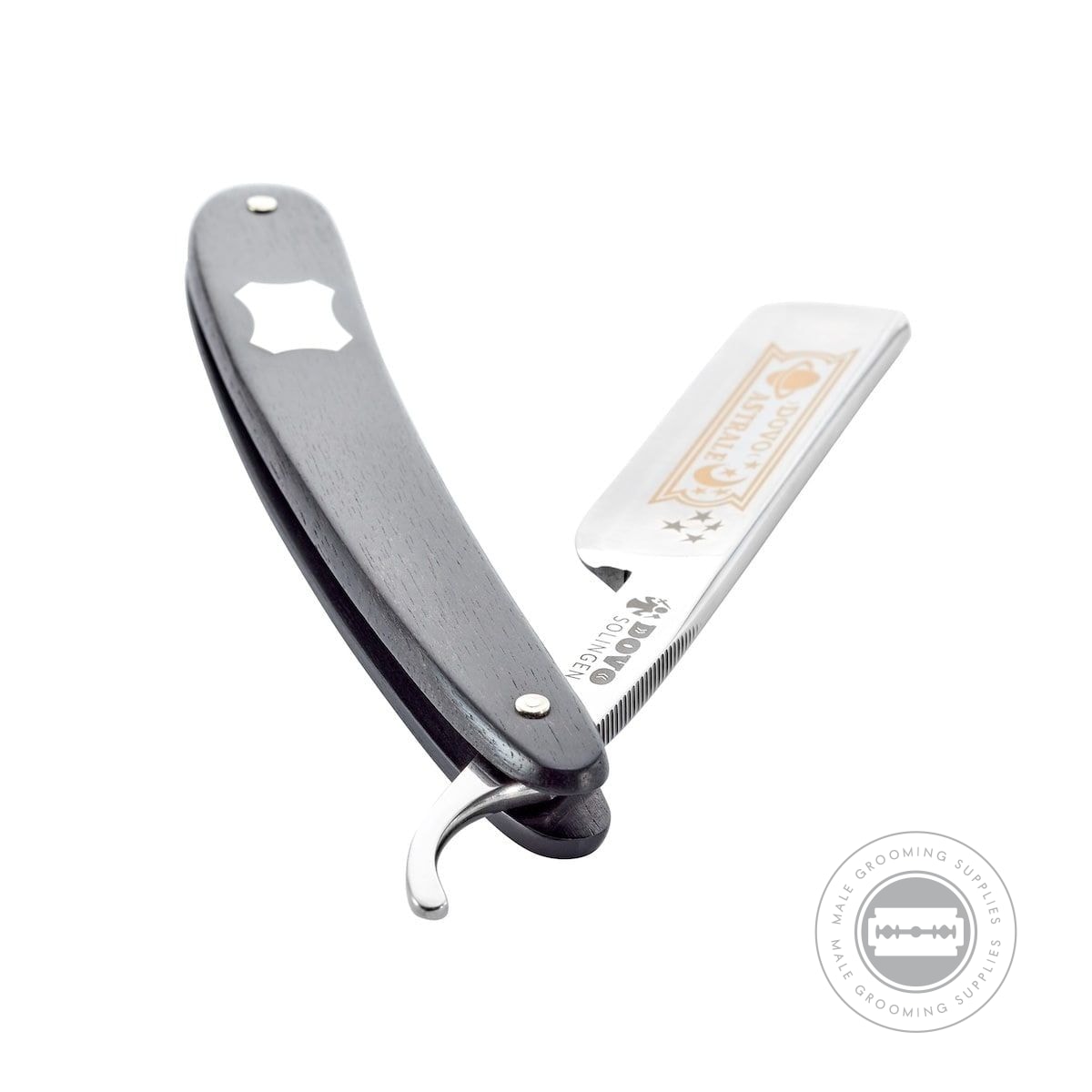 Open Dovo Astrale Straight Razor, highlighting the gold-decorated blade and double-ribbed tang.