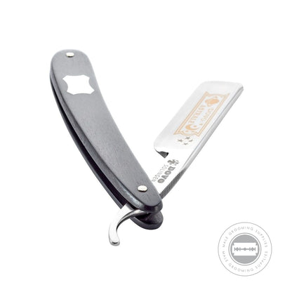 Open Dovo Astrale Straight Razor, highlighting the gold-decorated blade and double-ribbed tang.