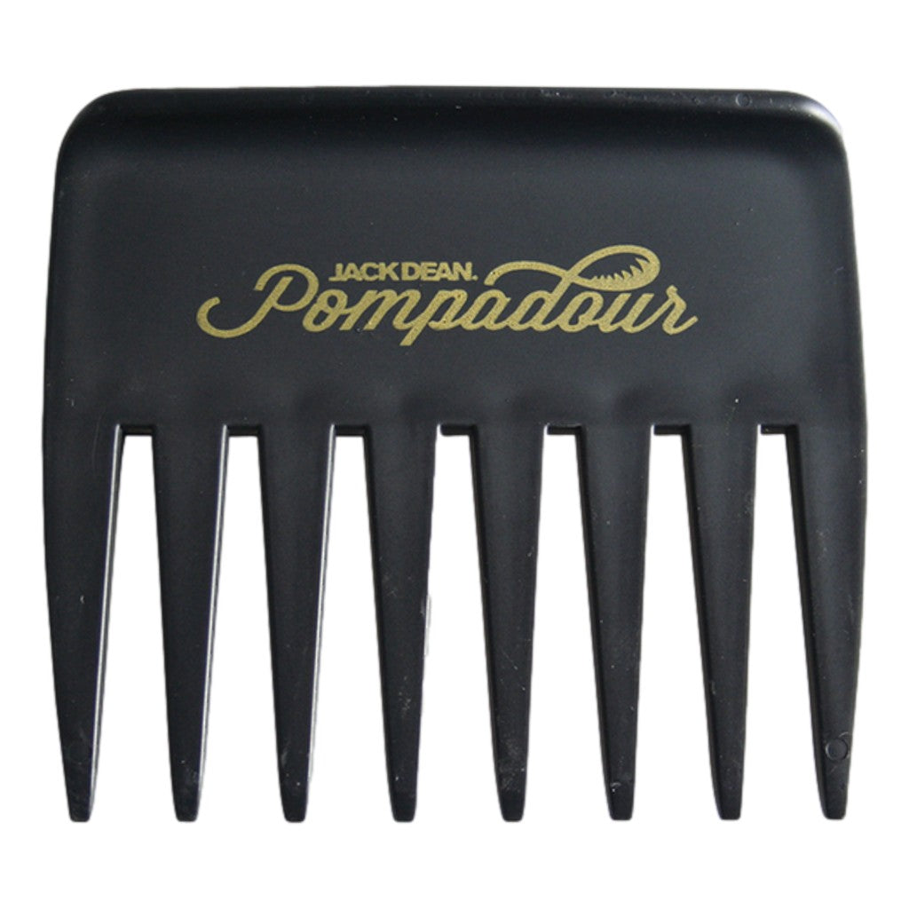 Jack Dean Black Pompadour Comb featuring a sleek black finish with gold lettering, 8 wide-spaced teeth, and an ergonomic design for precise styling.