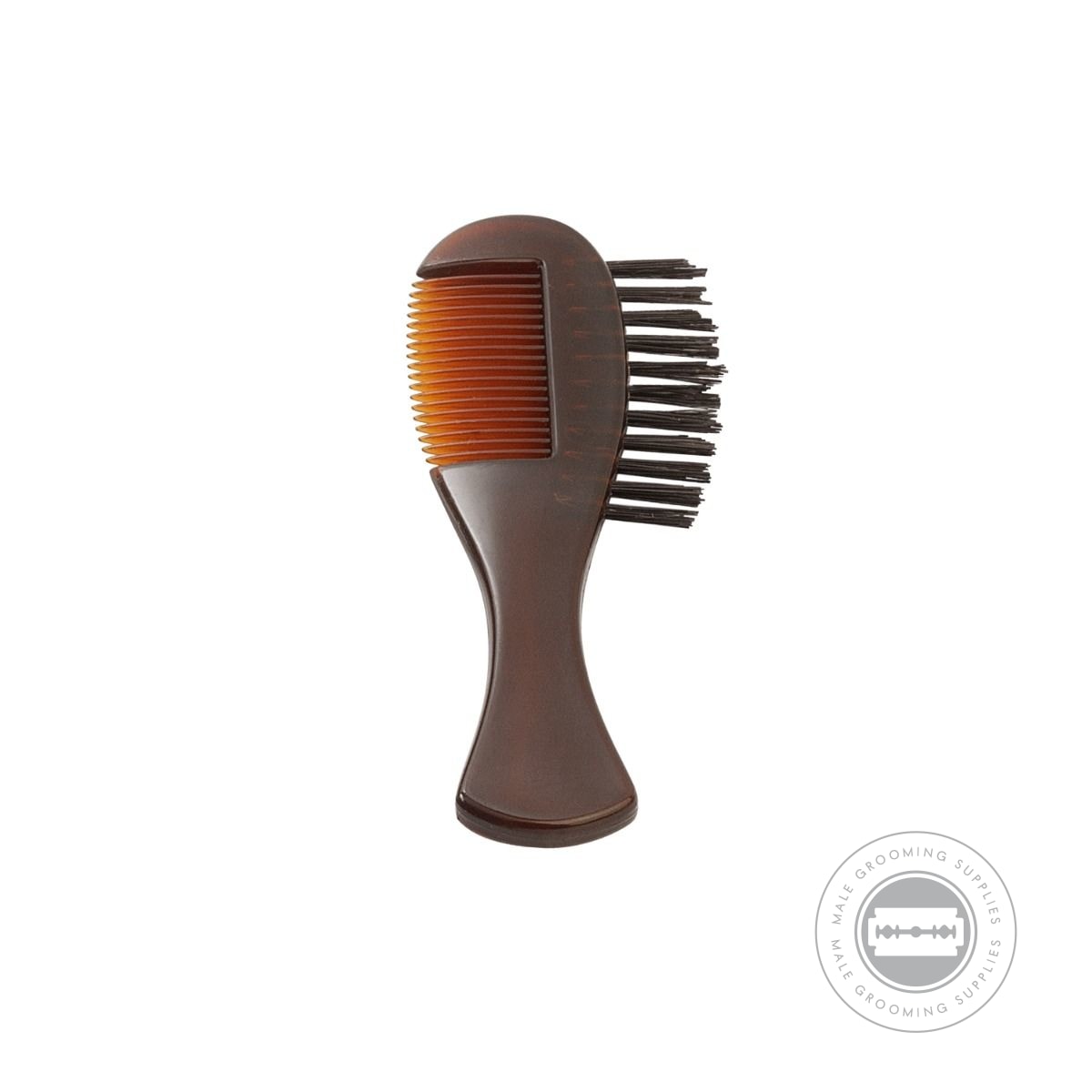 DOVO Beard Brush and Comb featuring a dual-sided design for grooming and styling facial hair. Compact acrylic handle with a sleek brown finish.