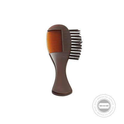 DOVO Beard Brush and Comb featuring a dual-sided design for grooming and styling facial hair. Compact acrylic handle with a sleek brown finish.