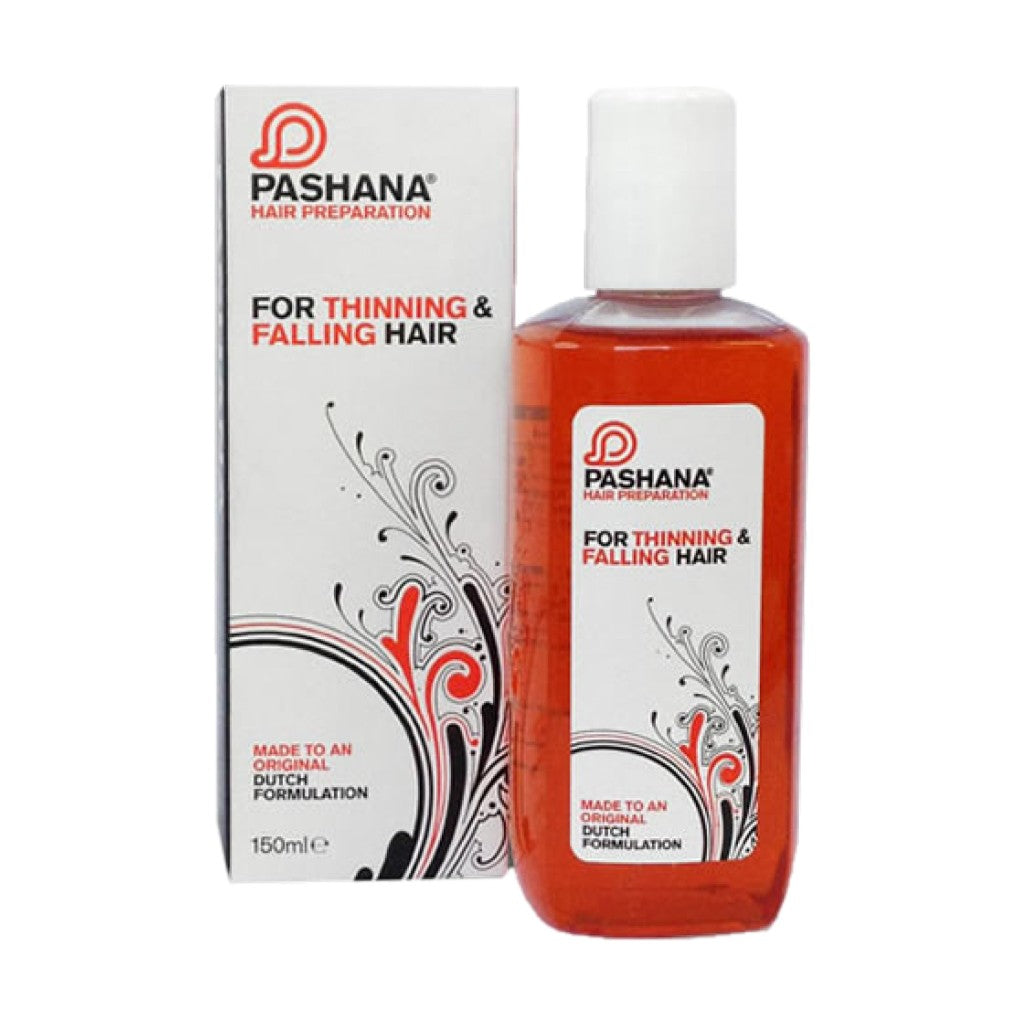 Pashana Hair Prep 150ml bottle and box, formulated for thinning and falling hair, designed to strengthen and condition for healthier scalp and hair care.