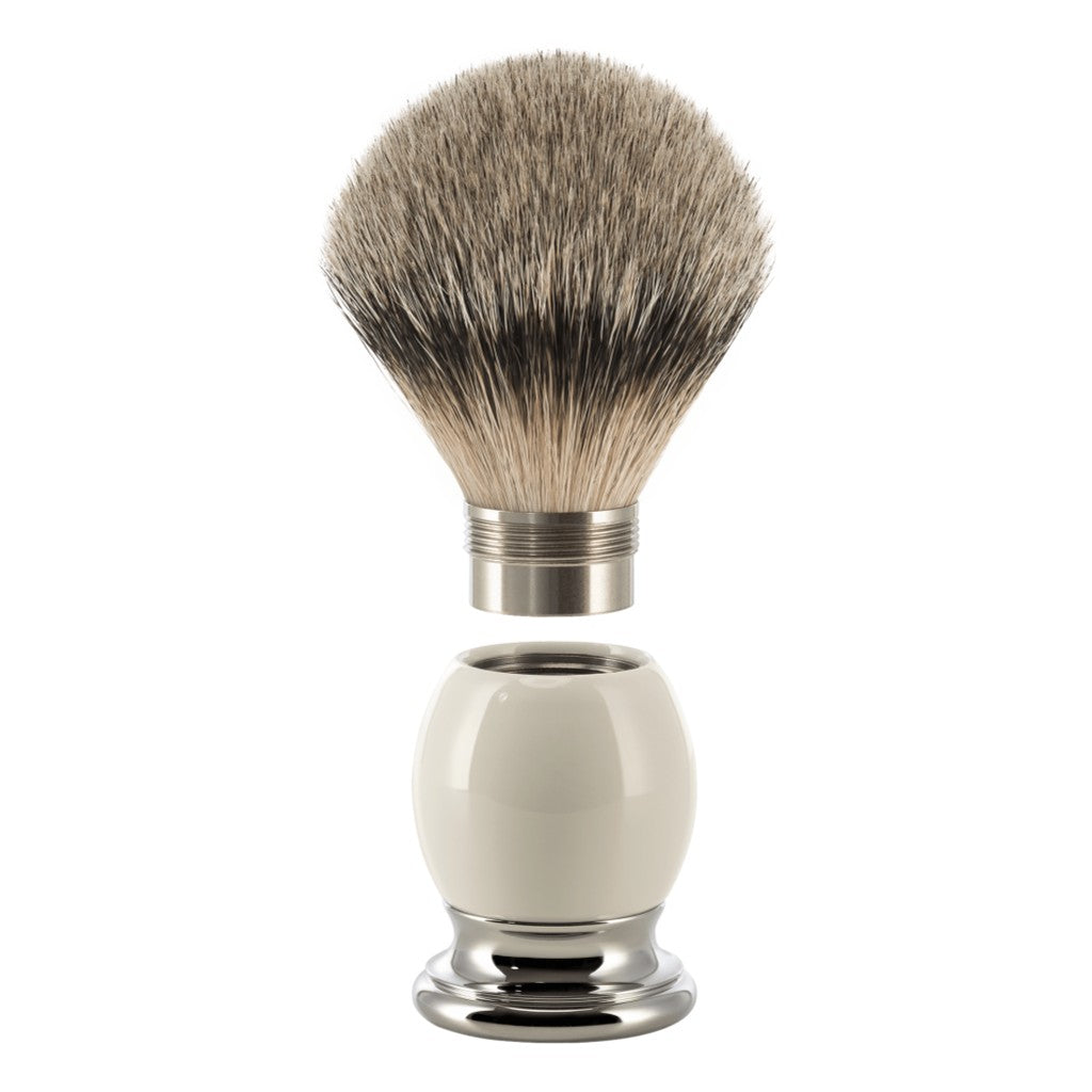 Close-up of Mühle SOPHIST Shaving Brush head in Silvertip Badger, showcasing its dense bristles for a luxurious lather.