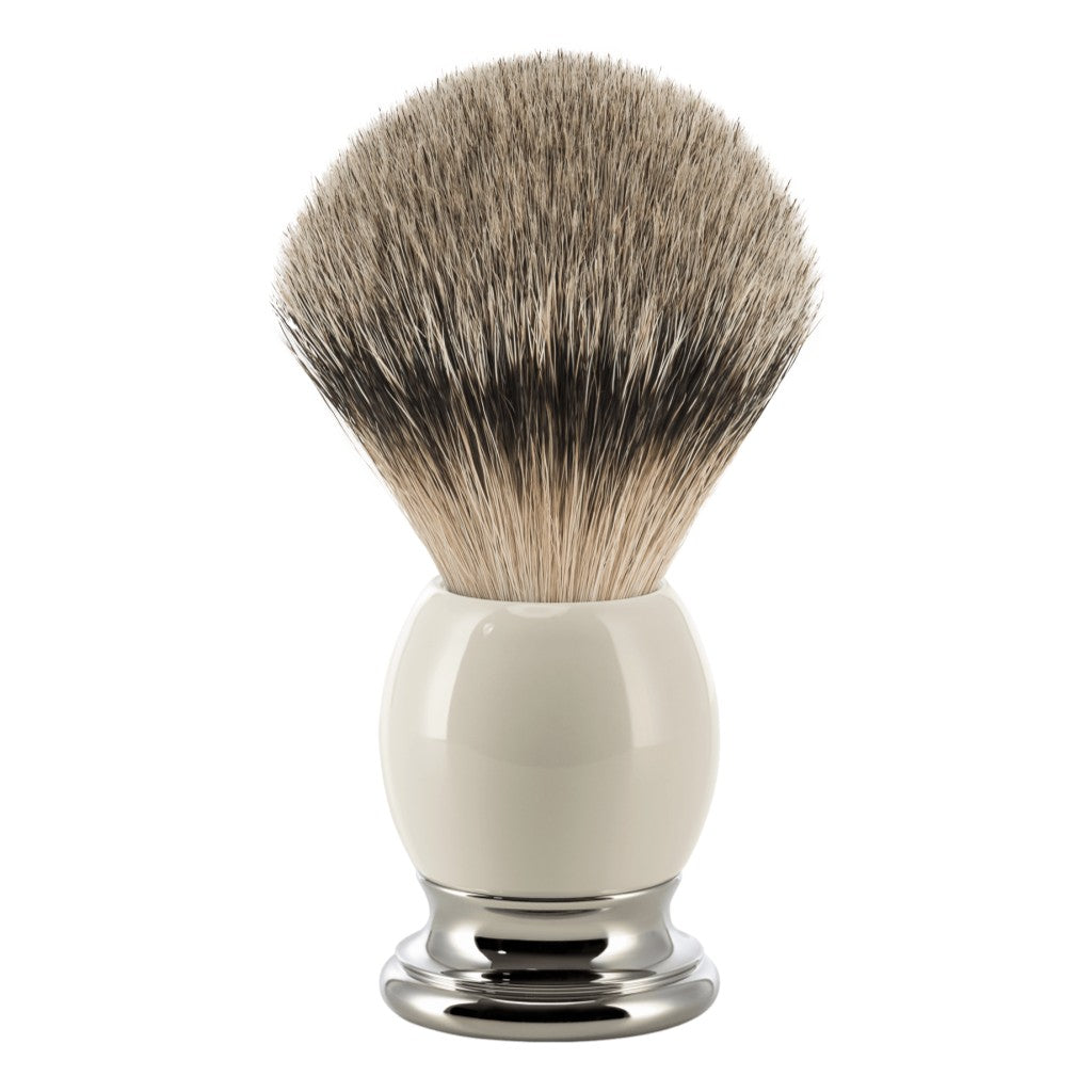 Mühle SOPHIST Silvertip Badger Shaving Brush with porcelain and chrome handle, emphasizing its elegant design and craftsmanship.