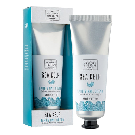 Scottish Fine Soaps Sea Kelp Hand & Nail Cream 75ml tube and box with coastal design.