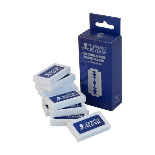 The Bluebeards Revenge Pack of 100 Safety Razor Blades, featuring 10 packs of 10 blades in eco-friendly packaging, displayed alongside individual blade boxes.