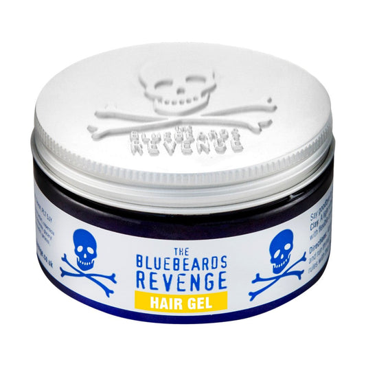 The Bluebeards Revenge Hair Gel 100ml in a sleek round container with the iconic skull and crossbones logo embossed on the white lid and bold branding.