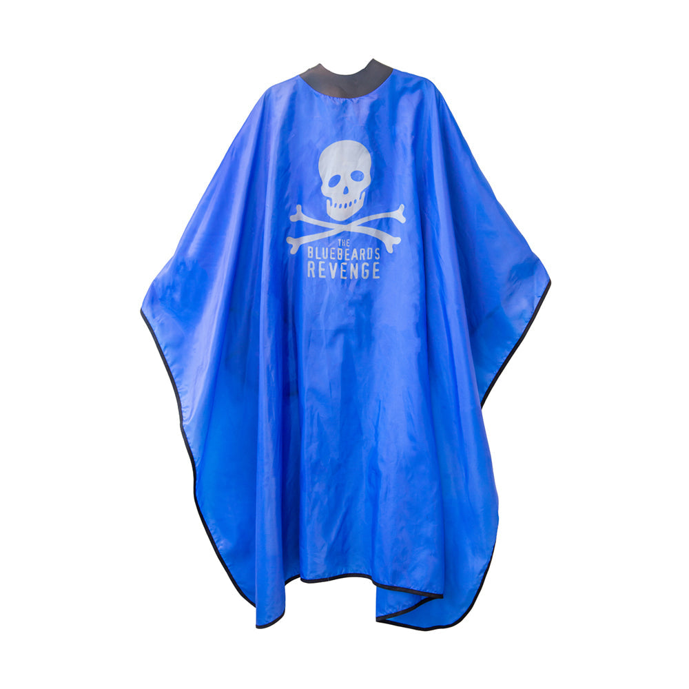 The Bluebeard's Revenge Neocape Barber Gown displayed flat, highlighting its bold blue design, iconic logo, and protective neoprene collar.