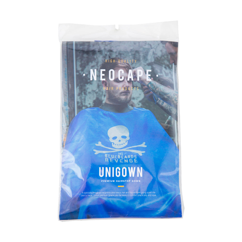 The Bluebeard's Revenge Neocape Barber Gown packaging, showcasing the bold blue design and Neocape branding for high-quality barber accessories.