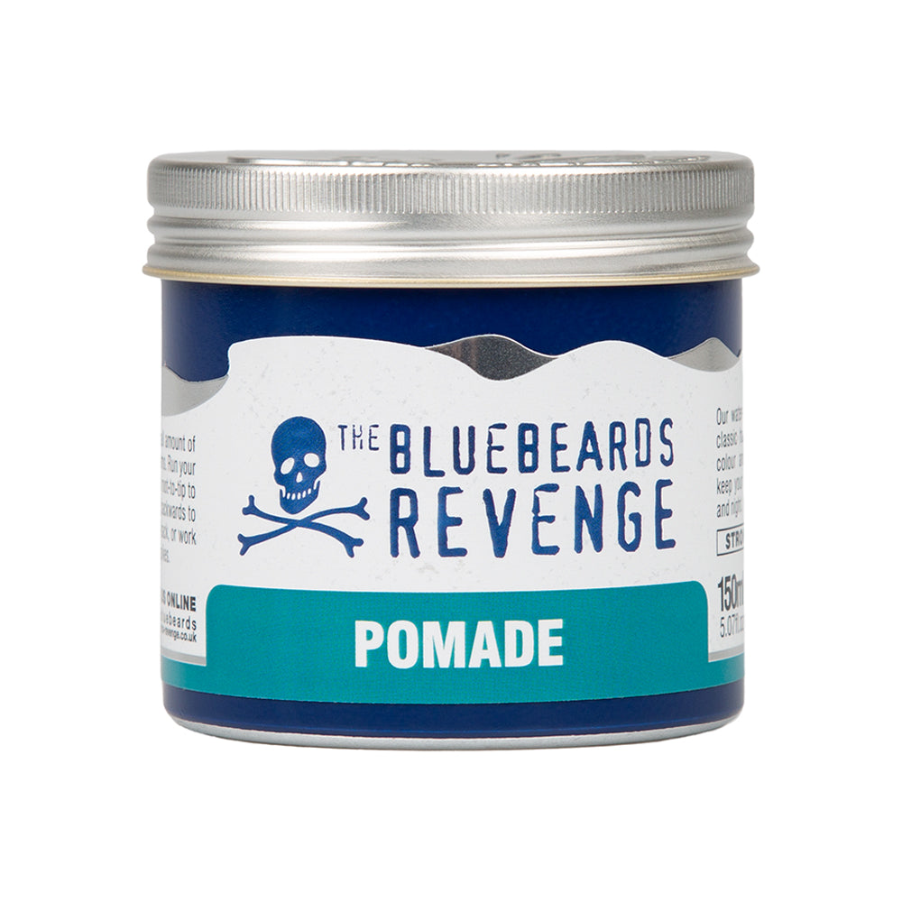 The Bluebeards Revenge Pomade 150ml in eco-friendly, recyclable packaging, featuring vibrant blood orange color and bold branding with the skull and crossbones logo.