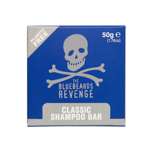 The Bluebeards Revenge Classic Solid Shampoo Bar 50g in eco-friendly, 100% recyclable packaging, featuring the iconic skull and crossbones logo.