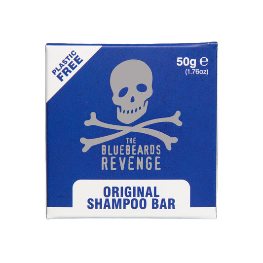 The Bluebeards Revenge Original Solid Shampoo Bar 50g in eco-friendly packaging. Features a blue box with a skull and crossbones logo and text stating 'Plastic Free'.