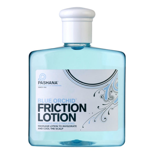 Pashana Blue Orchid Friction Lotion 250ml bottle with light blue liquid and elegant label design for scalp massage and revitalisation.