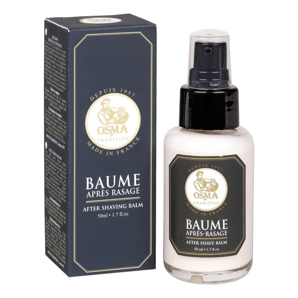 Osma Tradition After Shave Balm 50ml in a sleek glass pump bottle, enriched with Oak Floral Water, Teflose®, and Olive Oil for soothing and hydrating post-shave care.