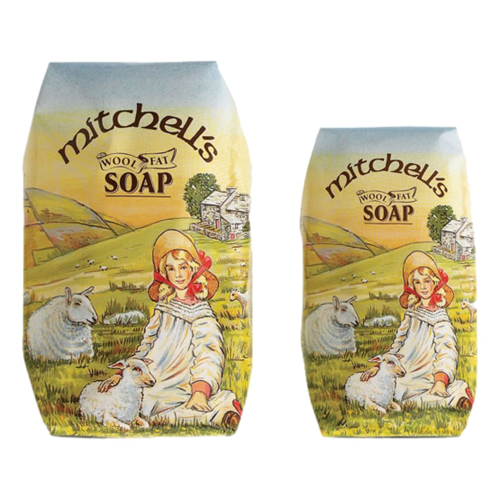 Mitchell's Wool Fat Country Scene Soap wrapped in scenic countryside-themed packaging, enriched with lanolin for soft and nourished skin  - show in 150g and 75g sizes.