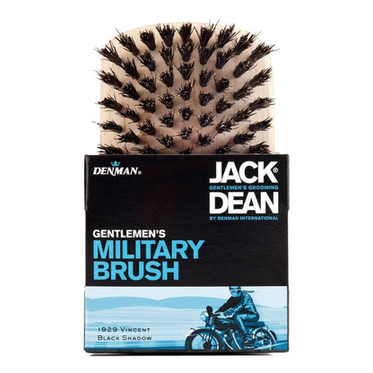 Jack Dean Military Brush in its packaging, featuring natural bristles stiffened with nylon, designed for coarser hair textures.