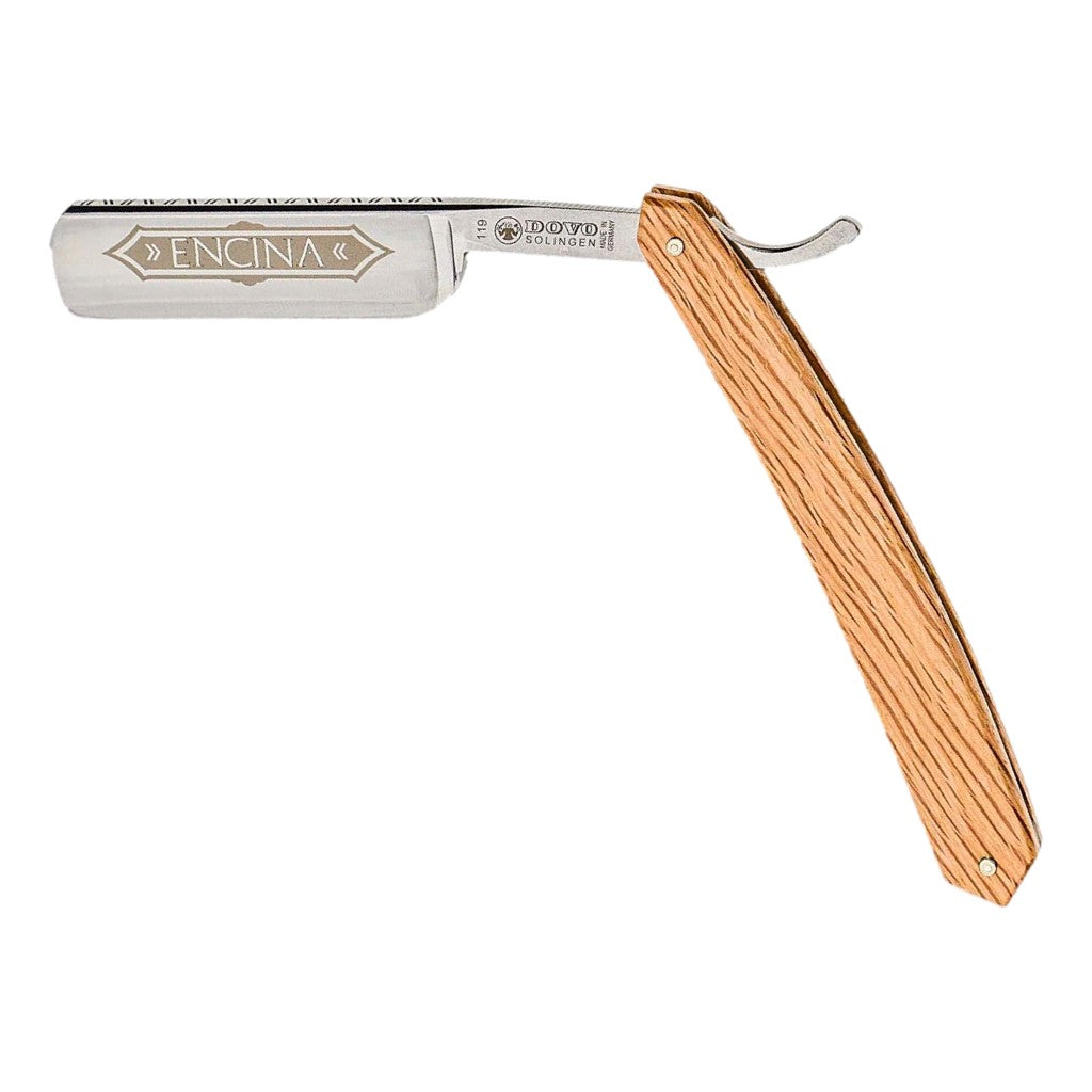 Dovo 6/8" Encina Straight Razor with carbon steel blade, satin etching, and Spanish Oak handle.