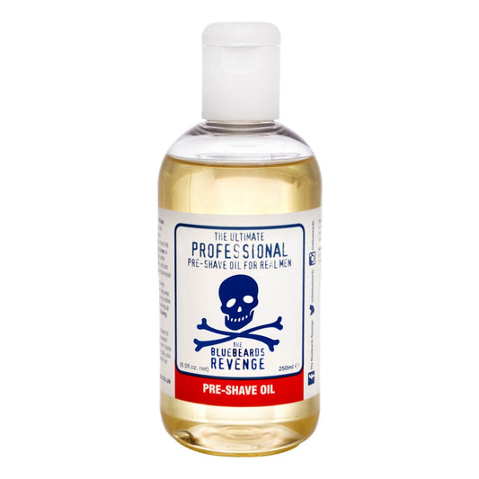 The Bluebeards Revenge Professional Pre-Shave Oil 250ml in a clear bottle with bold branding, featuring the skull and crossbones logo and red label.