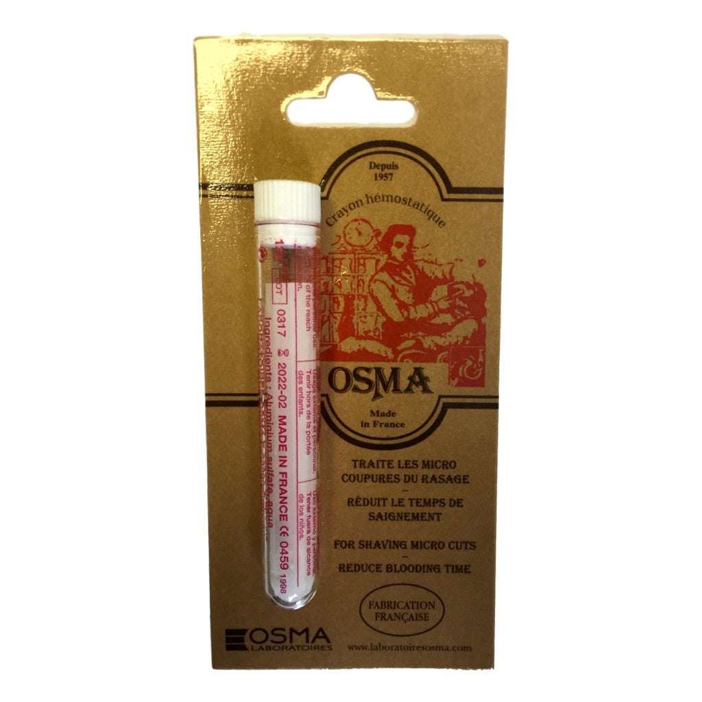 Osma Shaving Hemostatic Pencil 12g in a protective plastic tube, designed to stop shaving cuts quickly and soothe skin irritation in a display hanging card.