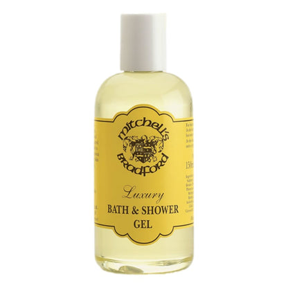 Mitchell's Wool Fat Luxury Bath & Shower Gel 300ml bottle with signature yellow label, designed for a refreshing and gentle cleansing experience.