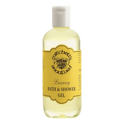 Mitchell's Wool Fat Luxury Bath & Shower Gel 150ml bottle featuring iconic yellow branding for a silky smooth bathing experience.