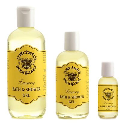 Range of Mitchell's Original Bath & Shower Gel sizes – 25ml, 150ml, and 300ml bottles.