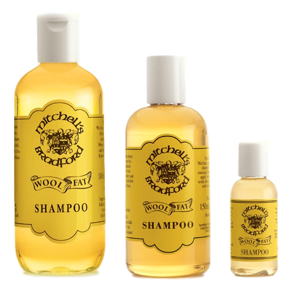 Mitchell's Wool Fat Shampoo range featuring 300ml, 150ml, and 25ml bottles for lanolin-enriched haircare.