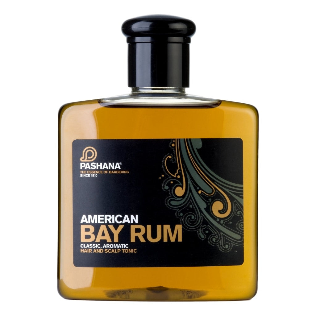 Pashana American Bay Rum Hair and Scalp Tonic 250ml with amber-coloured liquid in a clear bottle, black cap, and ornate black and gold label.