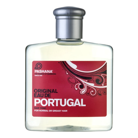 Pashana Eau de Portugal Hair Tonic 250ml bottle with a red label, designed for normal or greasy hair care and scalp refreshment.