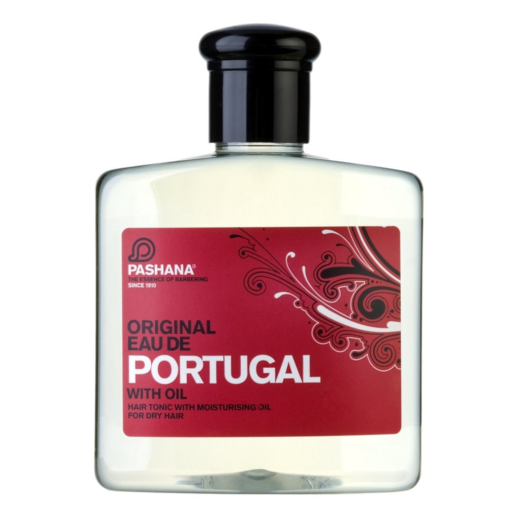 Pashana Eau de Portugal with Oil 250ml Hair Tonic in a clear glass bottle with a red label, designed for moisturising and adding shine to dry hair.