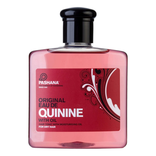 Pashana Eau de Quinine with Oil 250ml bottle, designed for dry hair, adds lustre and shine with a floral and citrus fragrance.