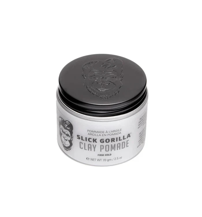 Slick Gorilla Clay Pomade in a stylish jar with embossed gorilla logo on the lid, firm hold, 75g.