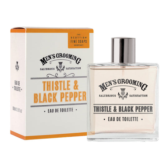 The Scottish Fine Soaps Company Men’s Grooming Eau de Toilette 100ml bottle and packaging, featuring the Thistle & Black Pepper branding with a stylish and masculine design.