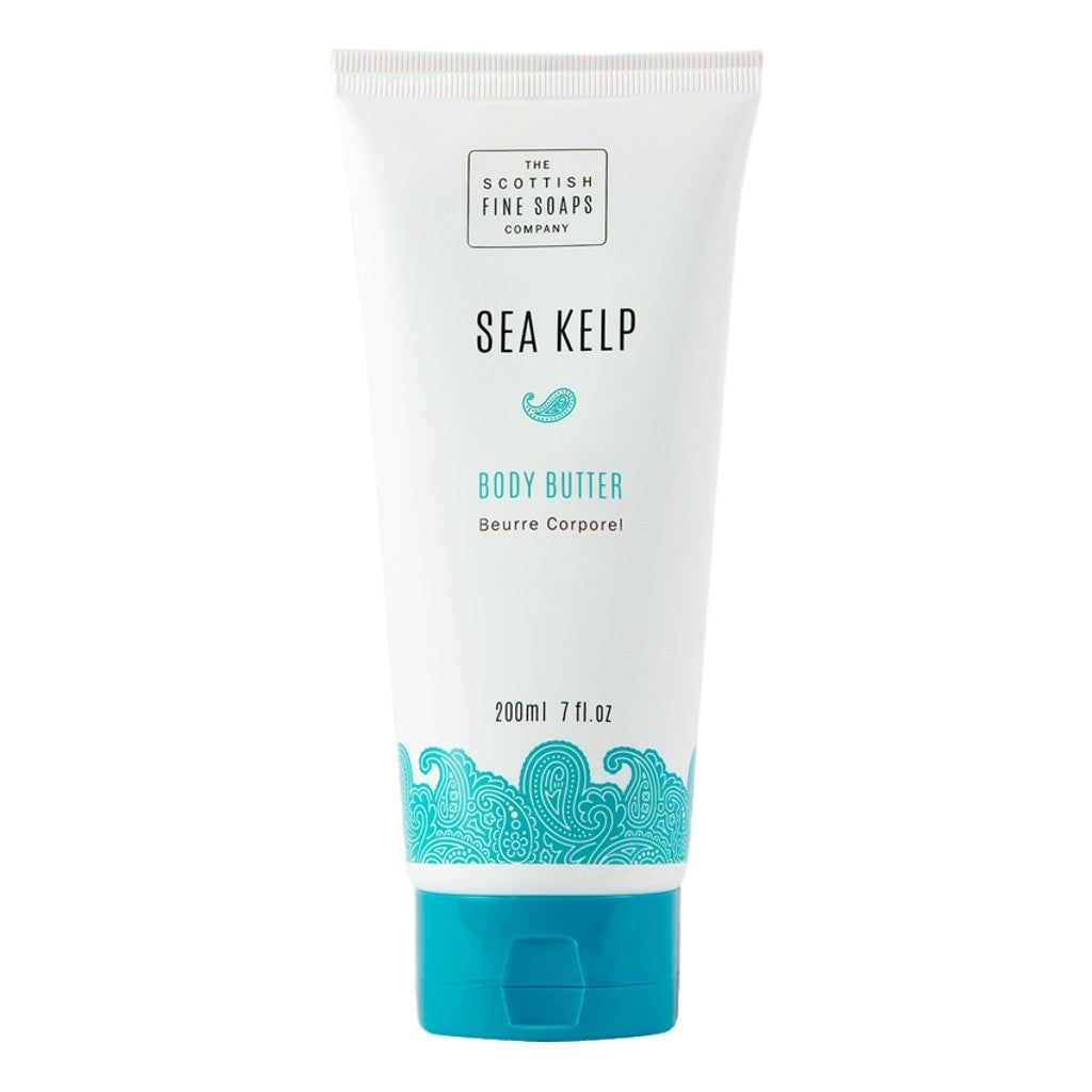 The Scottish Fine Soaps Company Sea Kelp Body Butter Tube, featuring a sleek white tube with turquoise accents and branding, evoking a refreshing coastal vibe.