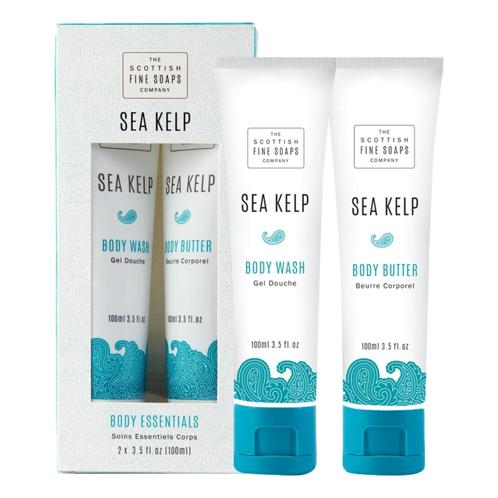 A beautifully boxed set of The Scottish Fine Soaps Company Sea Kelp Body Essentials, featuring 100ml Body Butter and 100ml Body Wash in sleek green packaging