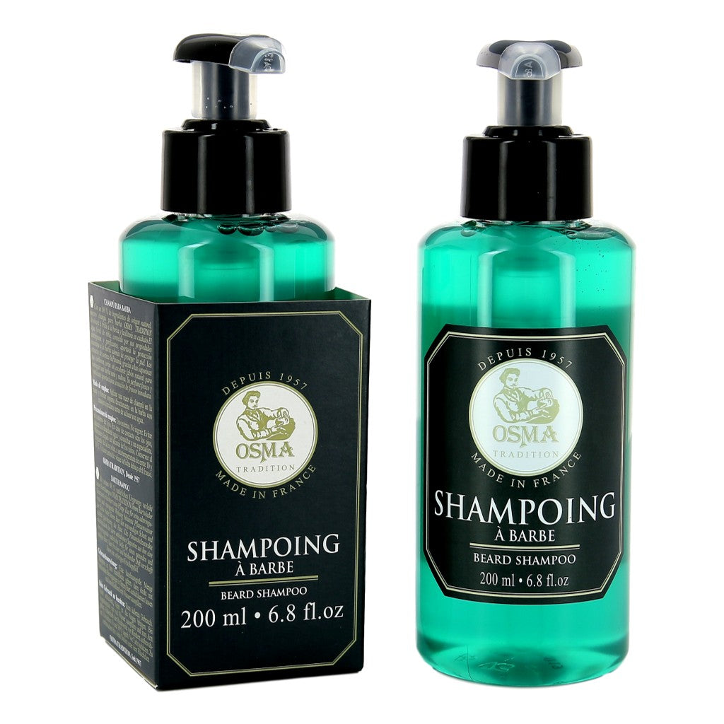 Osma Tradition Beard Shampoo 200ml in a sleek pump bottle, enriched with Oak Floral Water and Panama Wood Extracts for a clean, nourished, and refreshed beard.