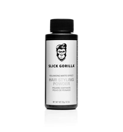 Slick Gorilla Hair Styling Powder in a sleek black and white bottle designed for easy application.