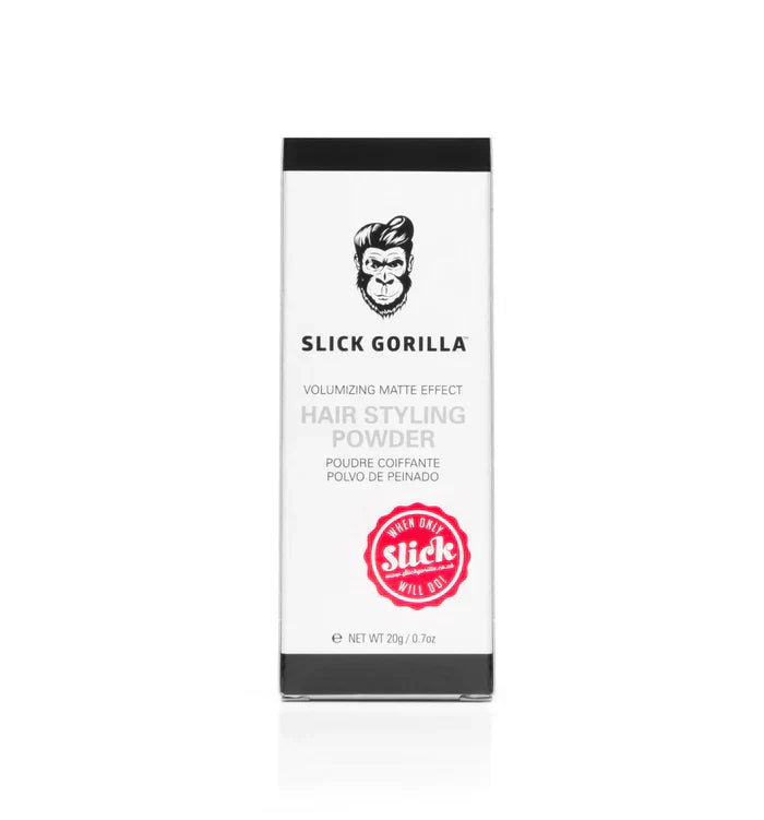 Slick Gorilla Hair Styling Powder in its branded box showcasing the volumizing matte effect.