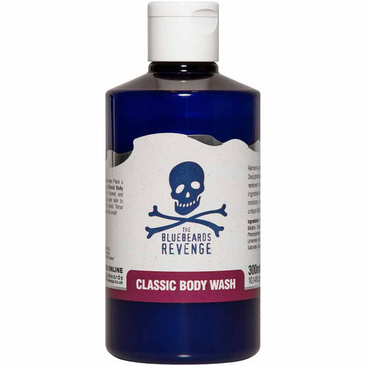 The Bluebeards Revenge Classic Body Wash 300ml in a sleek blue bottle with the iconic skull and crossbones logo, featuring eco-friendly packaging.