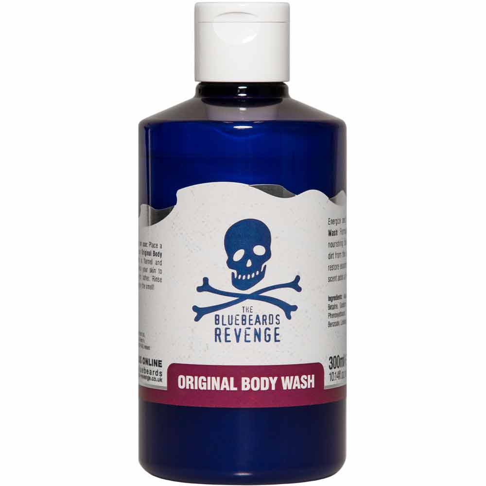 The Bluebeards Revenge Original Body Wash 300ml in a 100% recycled plastic bottle, featuring the iconic skull and crossbones logo.