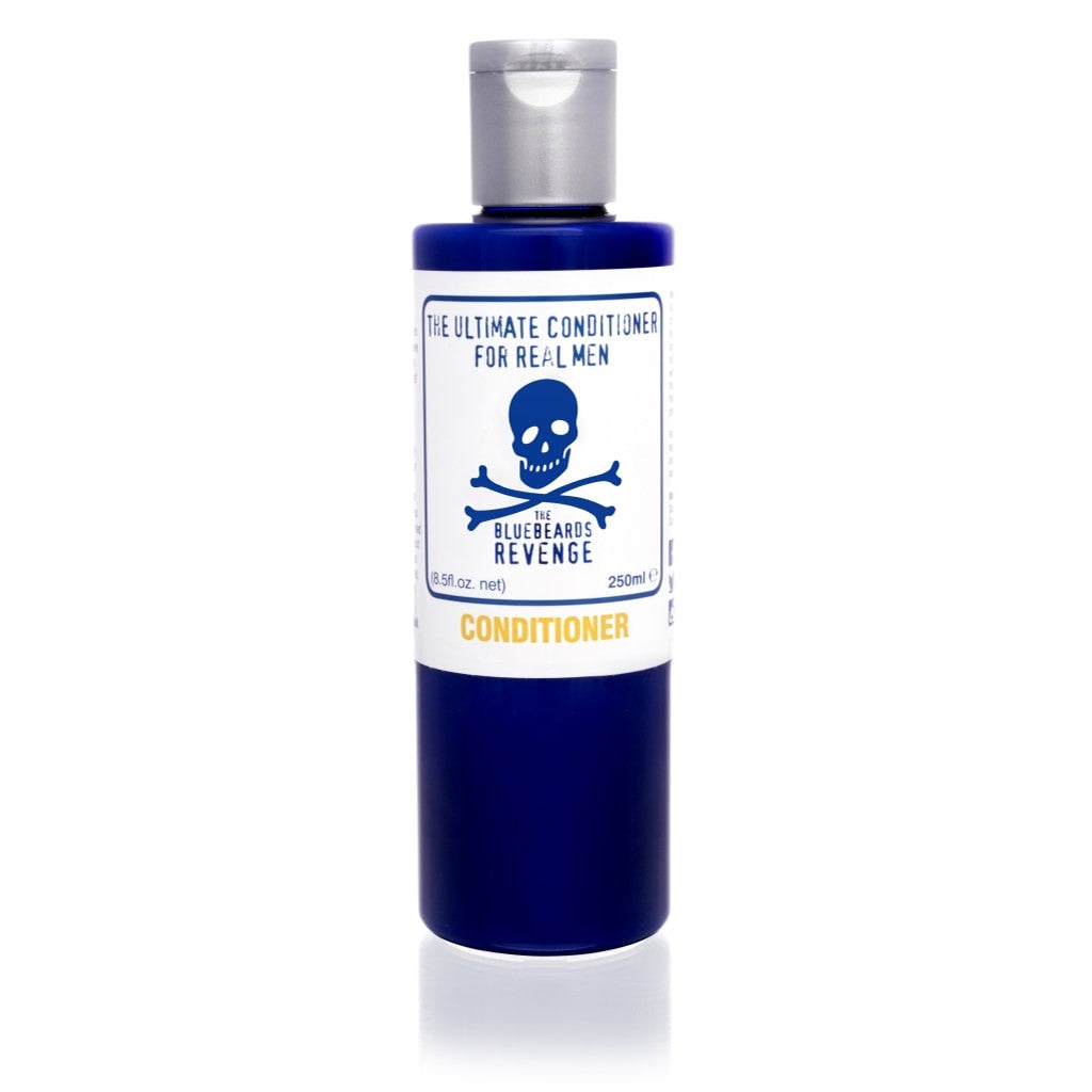 The Bluebeards Revenge Conditioner 250ml in a blue bottle with bold branding, featuring the skull and crossbones logo and labeled as 'The Ultimate Conditioner for Real Men'.