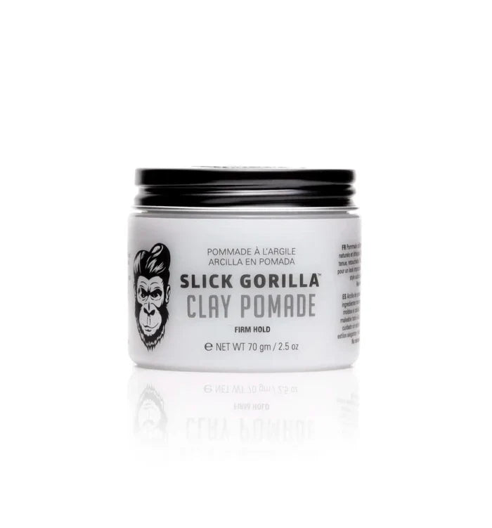 Slick Gorilla Clay Pomade in a sleek white jar with bold branding and firm hold, 75g.