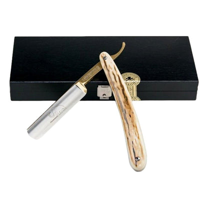 Dovo 5/8" Mammoth Ivory Straight Razor with wooden storage box and gold-detailed blade.