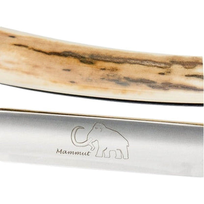 Close-up of the Dovo Mammoth Ivory Straight Razor blade with engraved Mammoth logo and ivory handle.