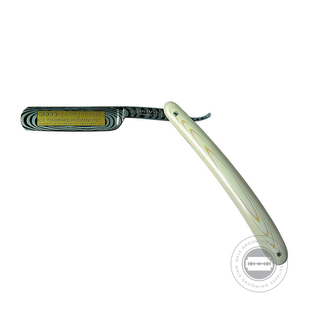 Dovo 5/8" Ivory Micarta Handle Straight Razor with ice-tempered stainless steel blade and gold etching.