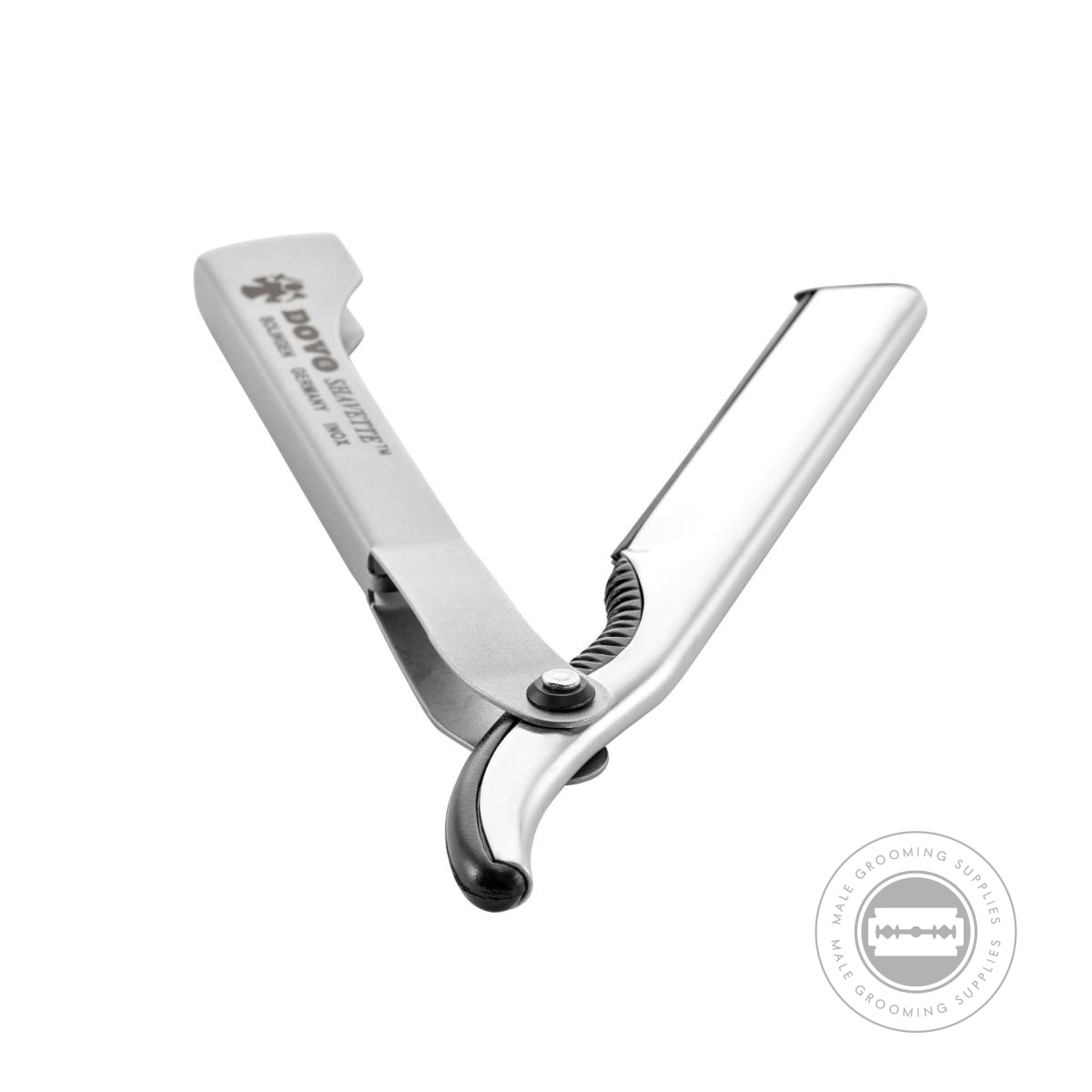 Open Dovo Aluminium & Stainless Steel Shavette showing engraved blade holder.