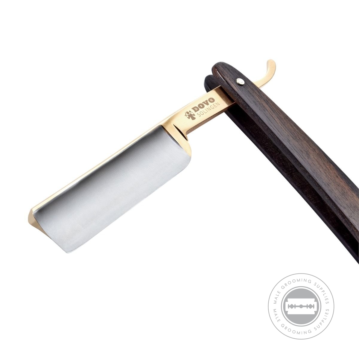 Open Dovo Apex razor displaying the carbon steel blade and gold details.