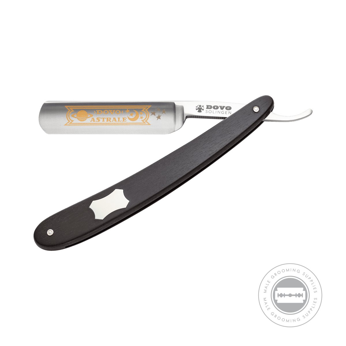 Full view of the Dovo Astrale Straight Razor, showing its 5/8" blade and elegant ebony handle.