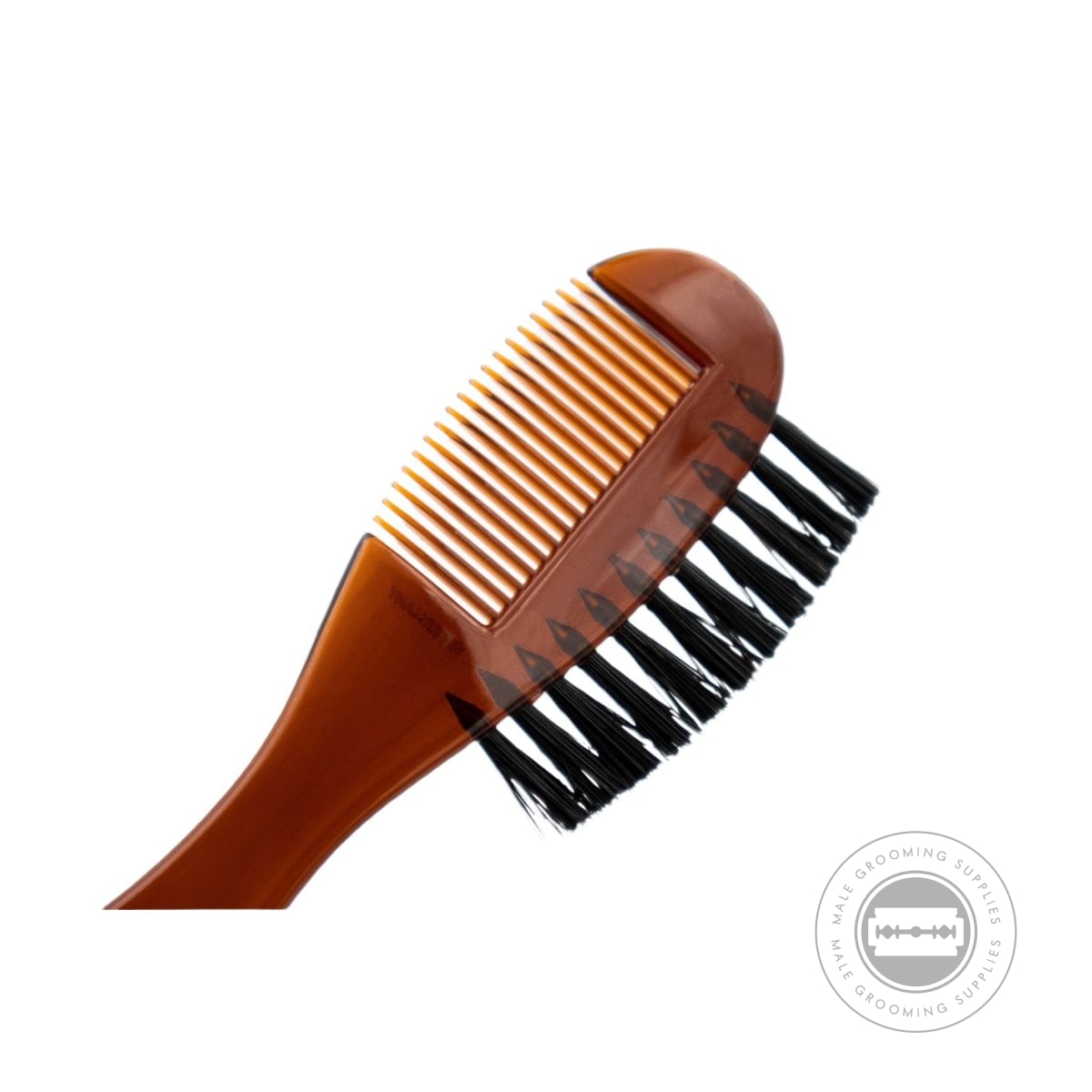 Close-up of DOVO Beard Brush and Comb highlighting fine comb teeth and bristle brush for beard maintenance.