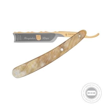 Dovo Bergischer Löwe Razor with gold-plated tang and beige horn handle in profile.